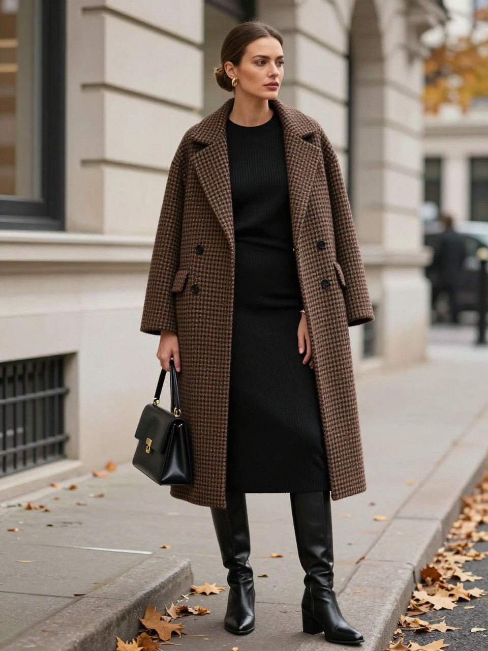 Woman in a black coat, white sweater, black trousers and black pointed-toe boots