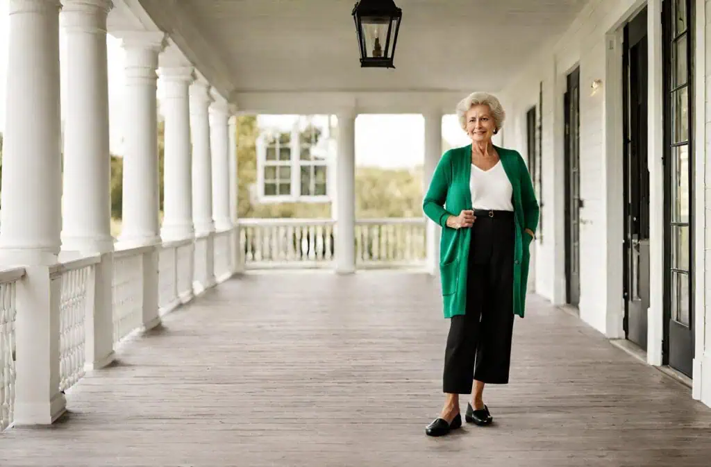 Older woman in a forest-green chunky cardigan with black slim pants and ankle boots