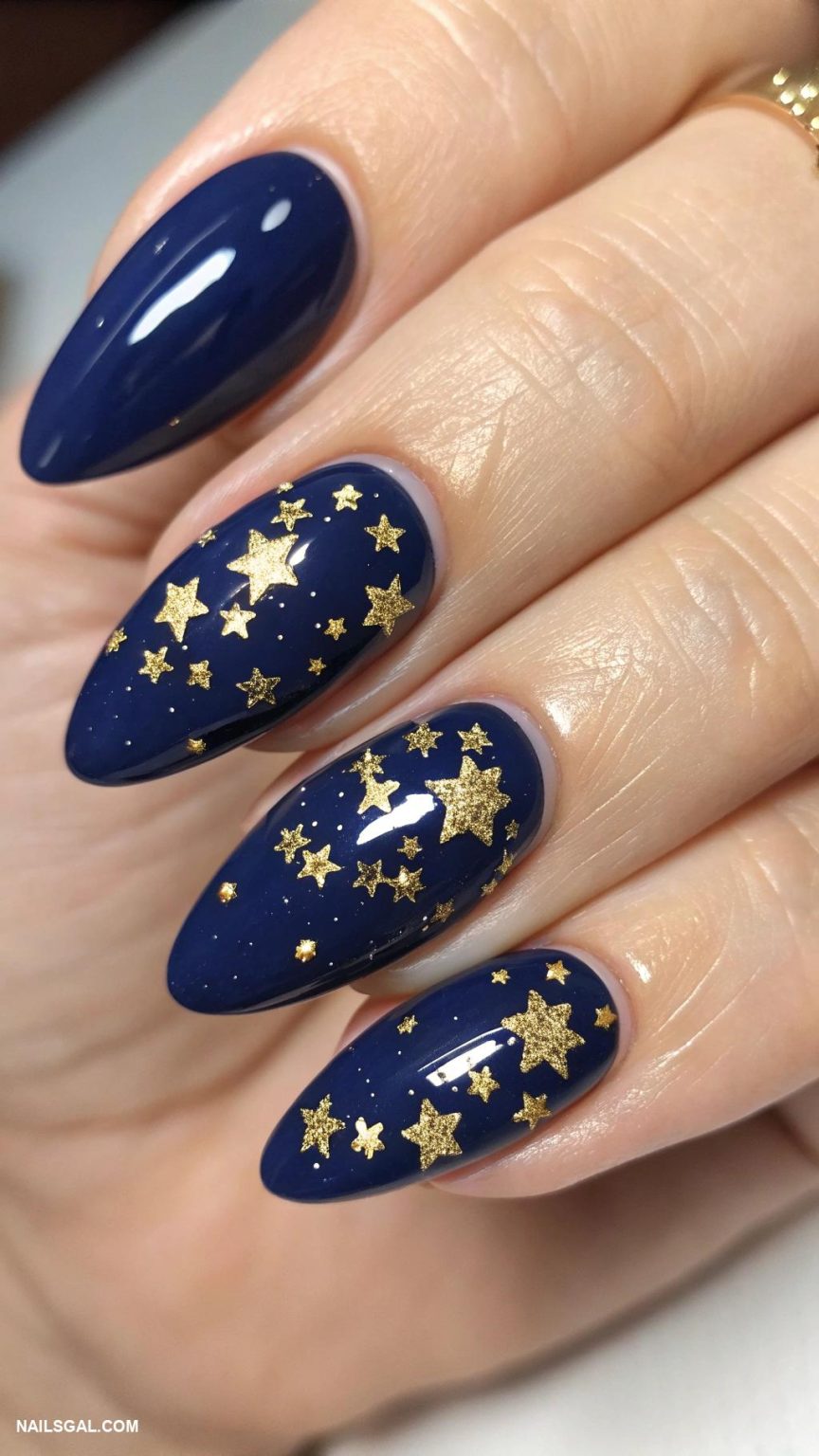 Dark navy blue nails decorated with golden star accents