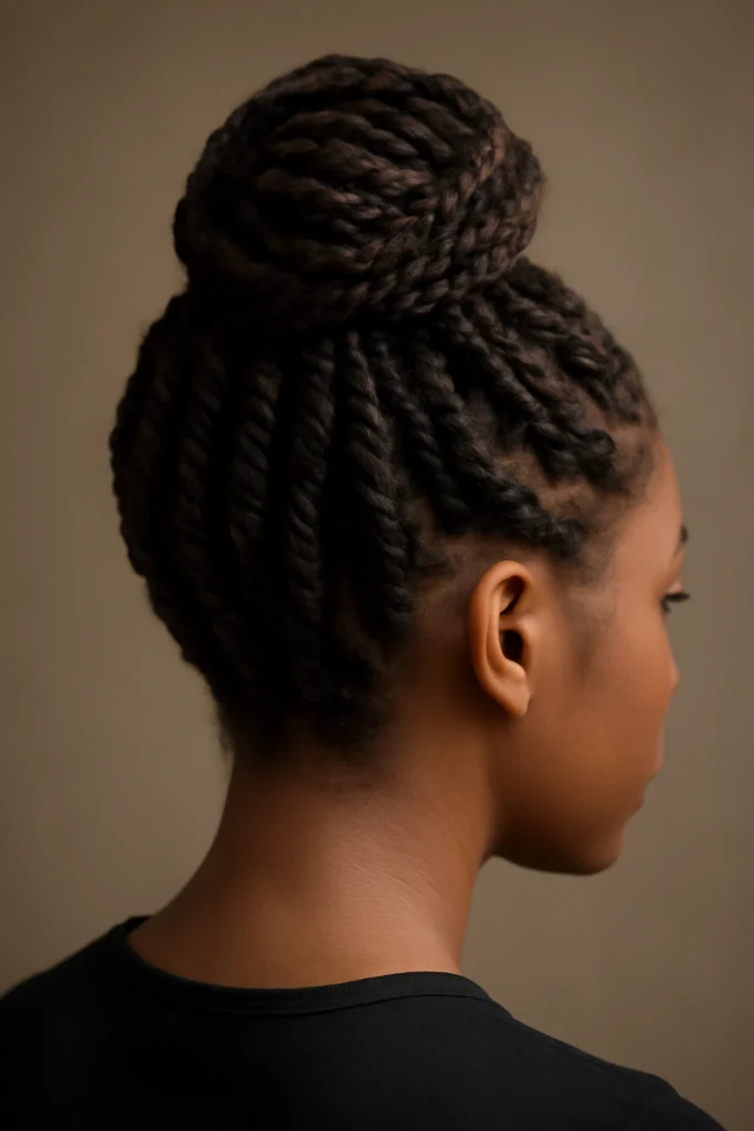 Woman with a rope-twist top bun in textured hair