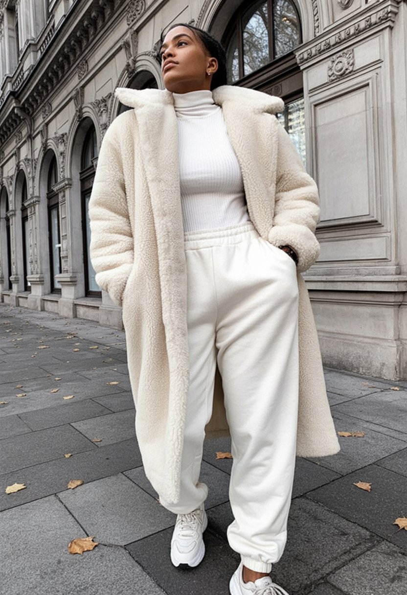 Cream teddy coat with a white ribbed turtleneck, white joggers and white sneakers
