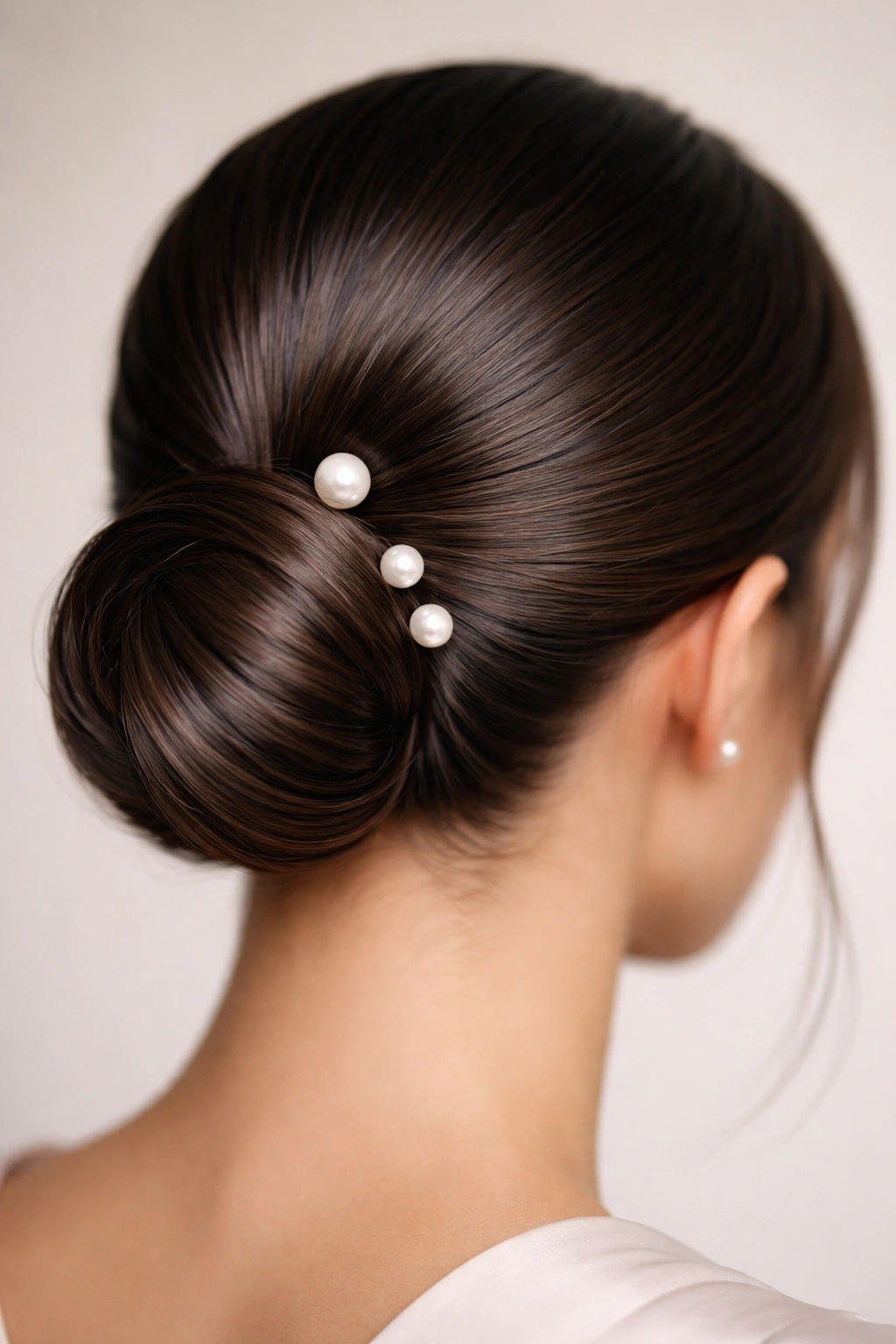 Sleek low bun with pearl hair pins