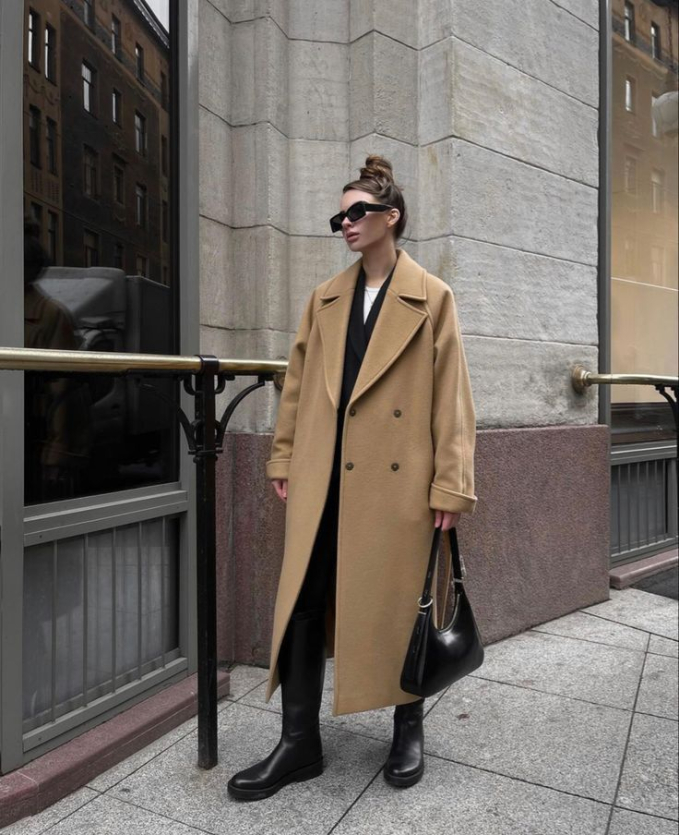 Woman in a camel double-breasted long coat with a black top, black leggings, tall black boots and a black handbag