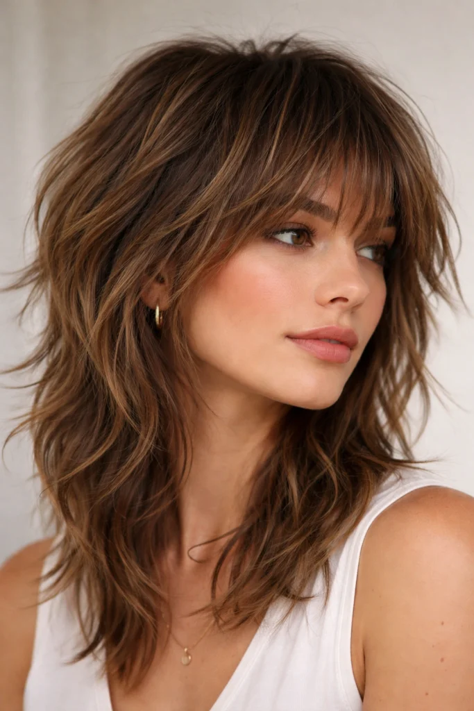 Textured shag haircut with piece-y razor-cut layers and curtain bangs