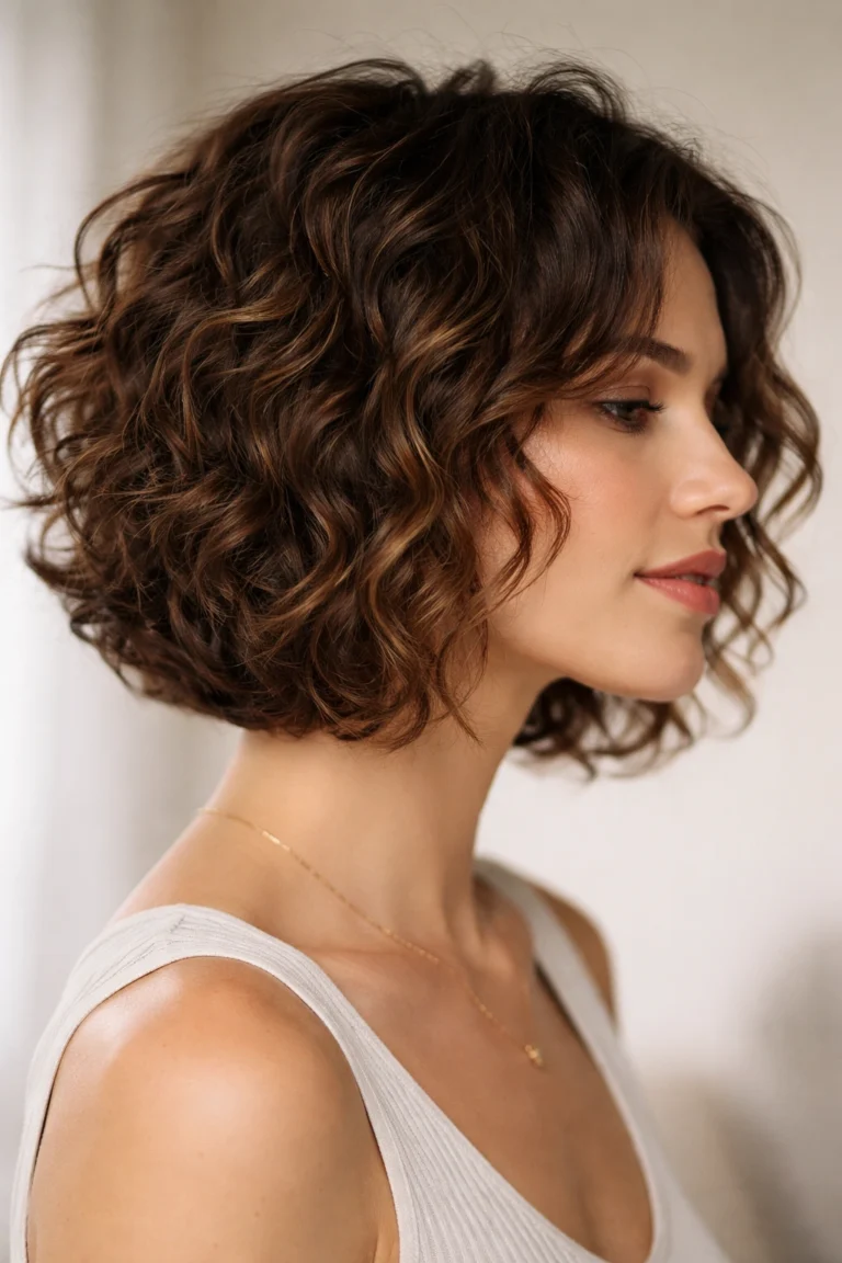 Woman with a rounded curly bob featuring soft layers and natural texture