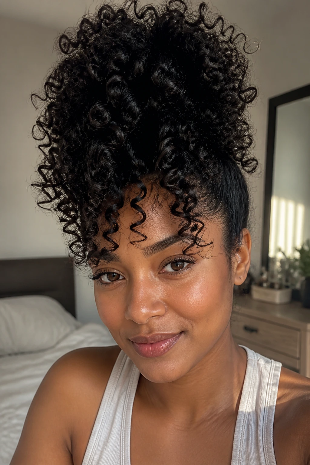High pineapple puff updo on natural curly hair