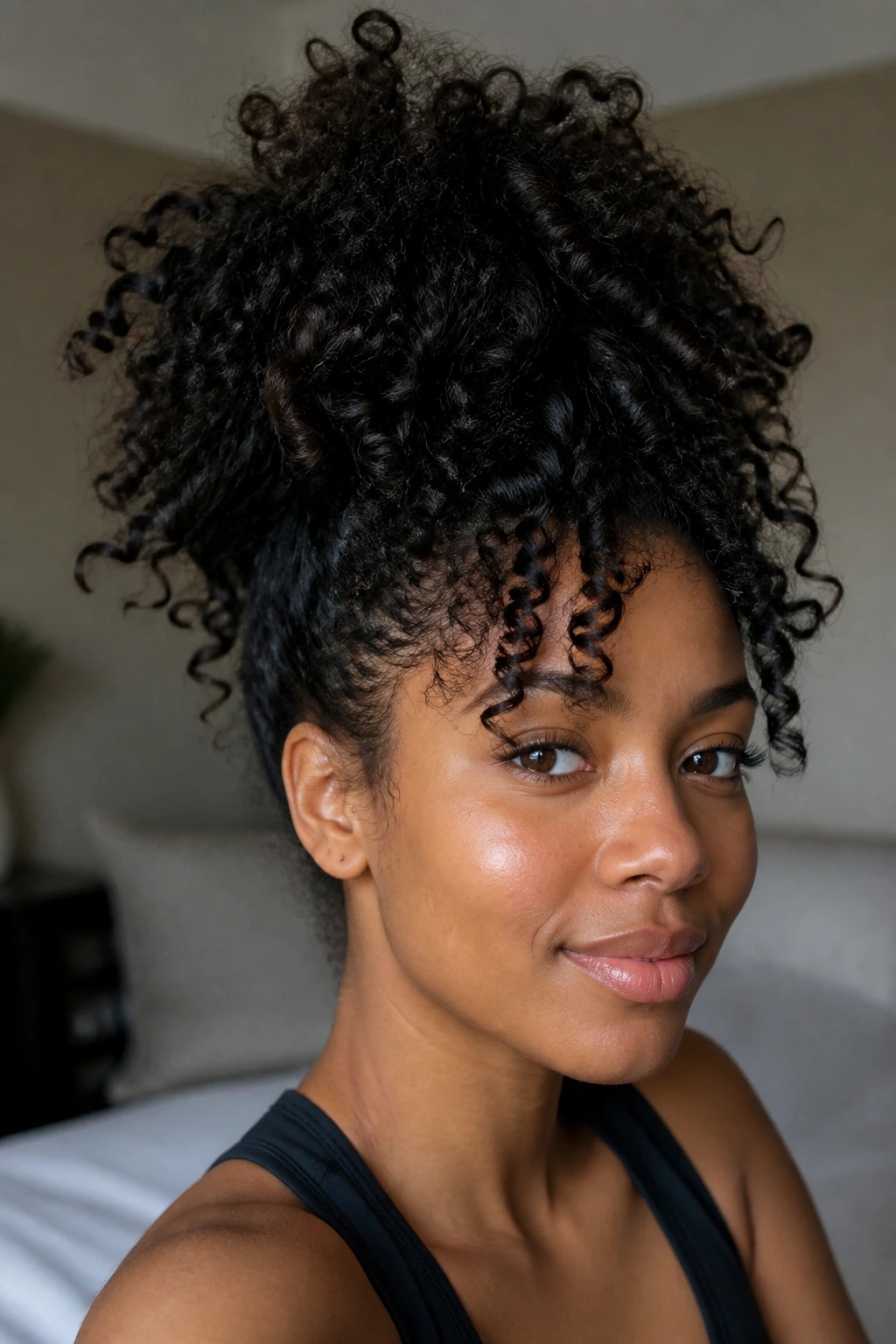 Dark natural curls gathered high into a pineapple updo
