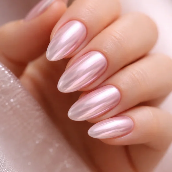 Pearlescent pink iridescent chrome nails in an almond shape
