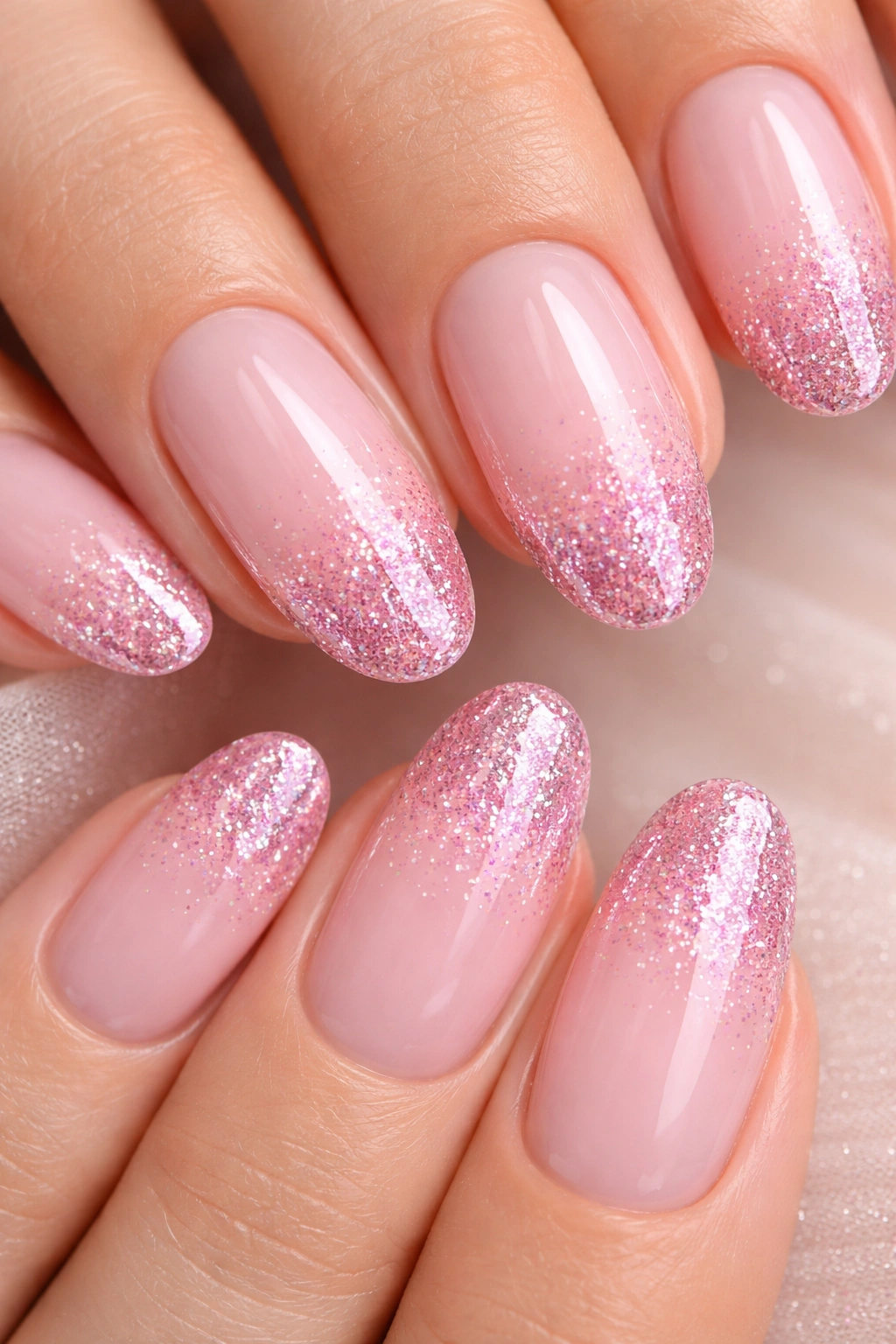 Oval nude-pink nails with pink glitter fading from the tips