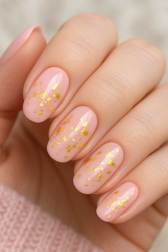Blush pink oval nails with scattered gold foil flakes
