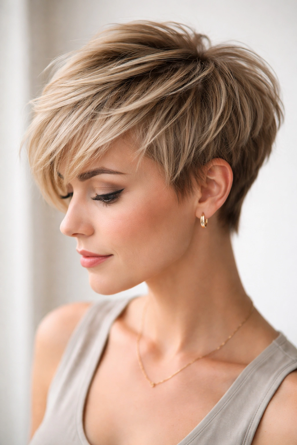 Blonde bixie with a longer textured top and side-swept fringe