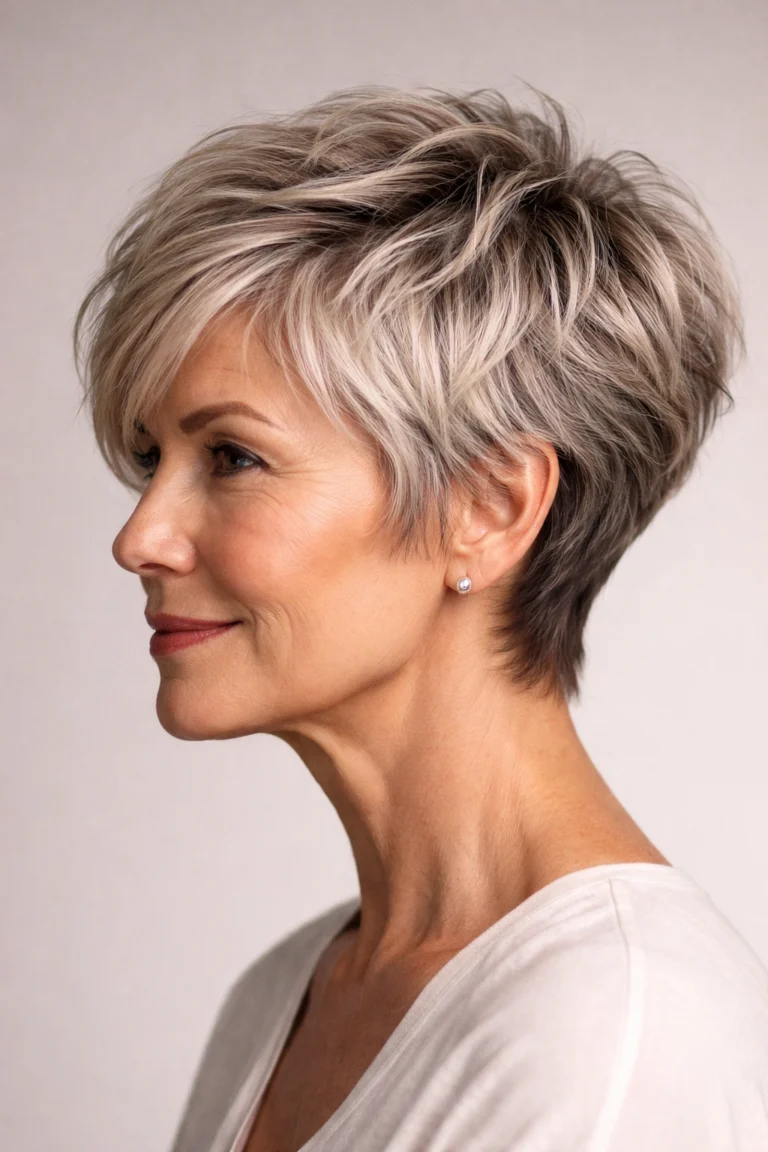 Textured pixie with swept fringe and tapered sides on silver-blonde hair