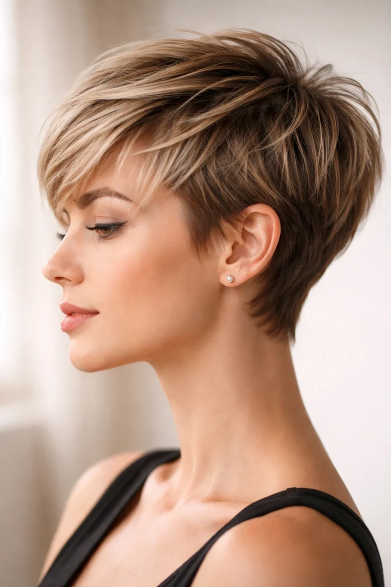 Feathered pixie with a shaggy, textured crown and blonde highlights
