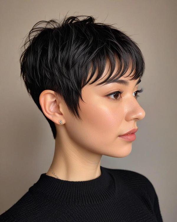Short black pixie haircut with textured bangs