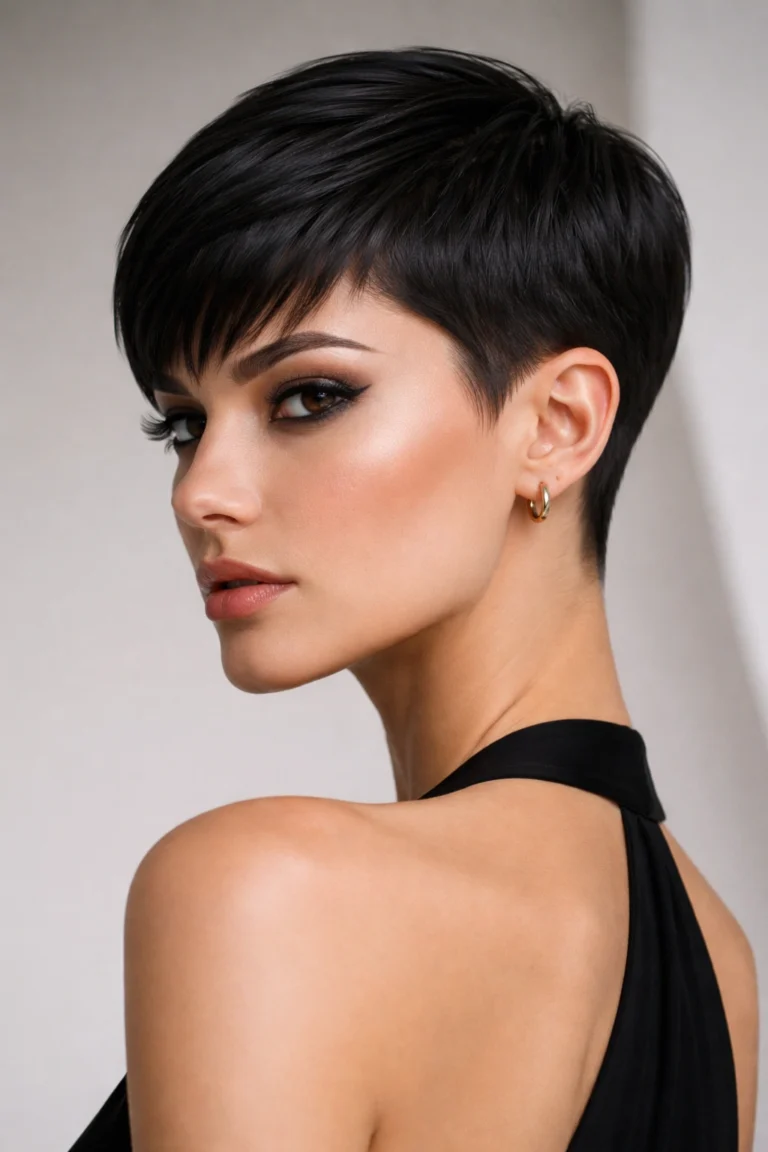 Sculpted black pixie cut with a side-swept fringe