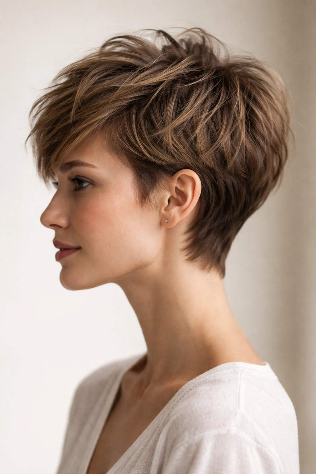 Brunette modern pixie with softly faded sides and a textured top
