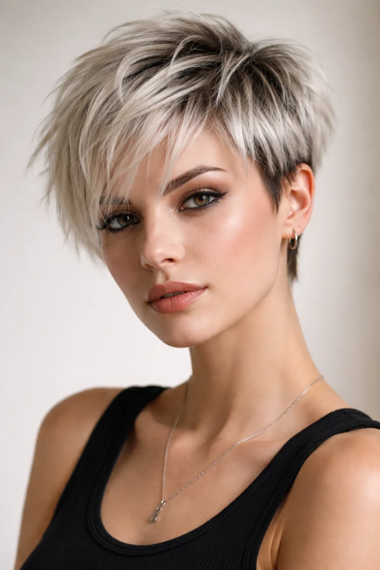 Platinum blonde pixie with dark shadow roots and textured layers