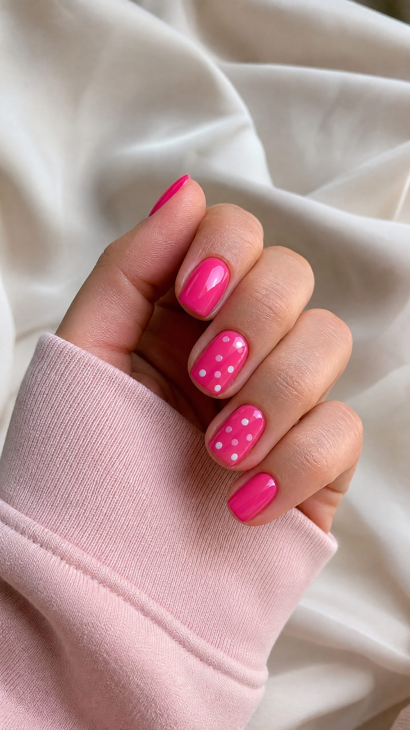Short rounded nails in hot pink with white polka dots on accent nails.
