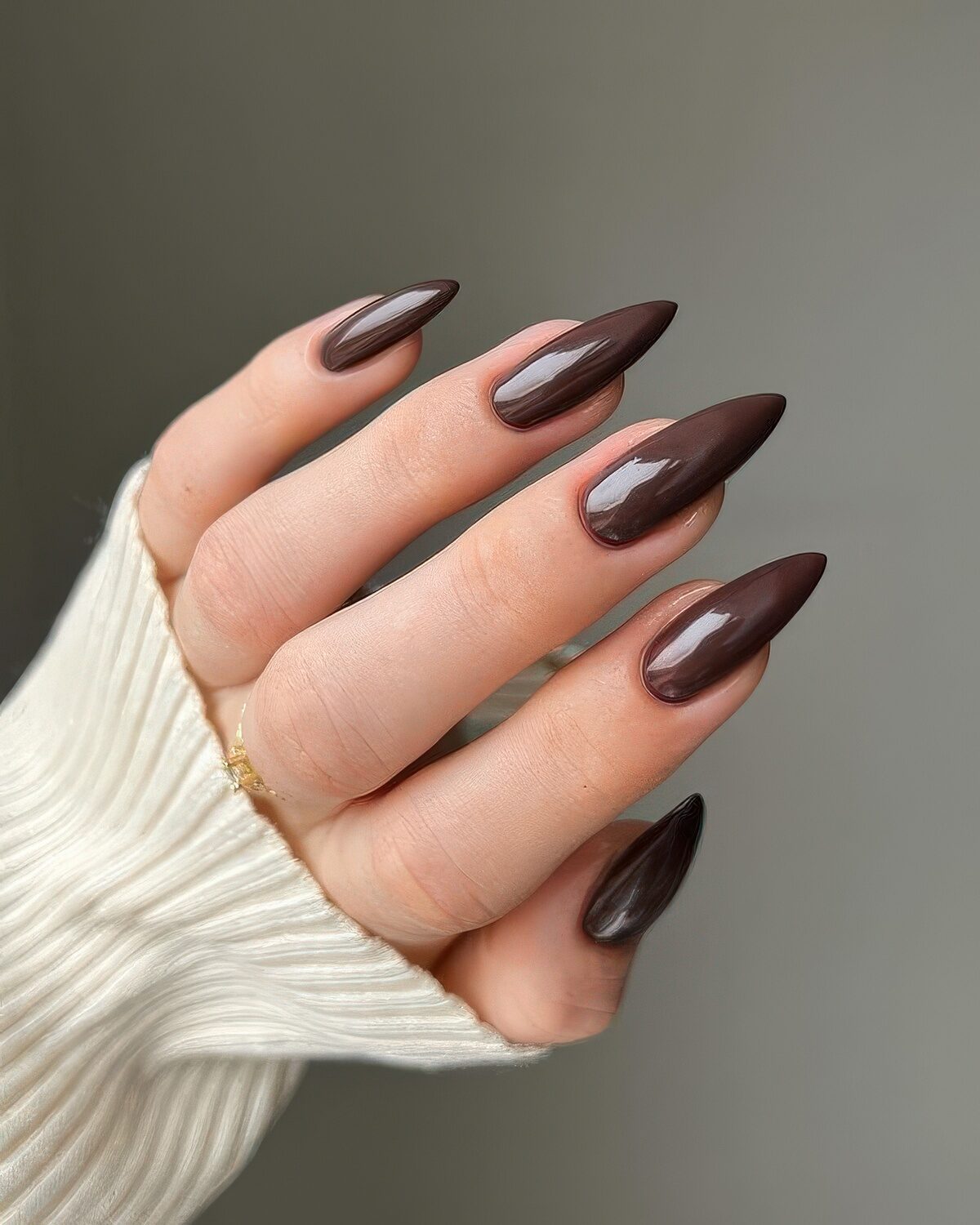 Dark chocolate brown glossy pointed nails