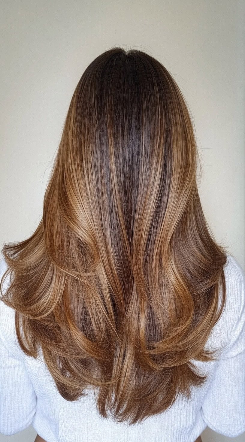 Polished caramel balayage with honey lights on brunette hair