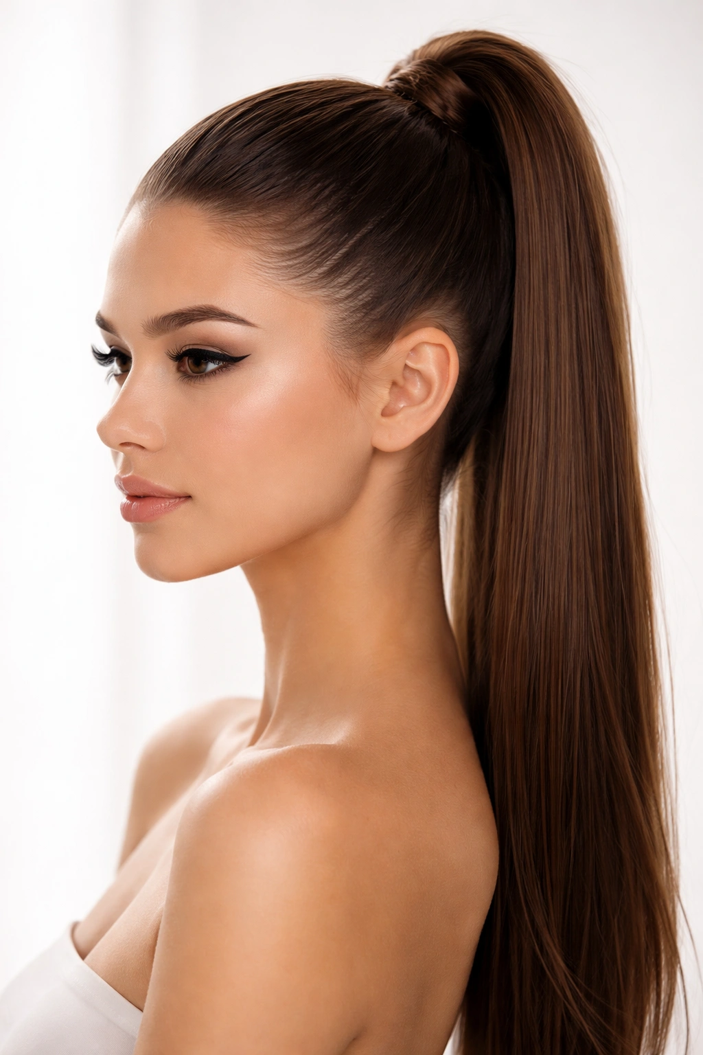 Sleek high ponytail with smooth wrapped base