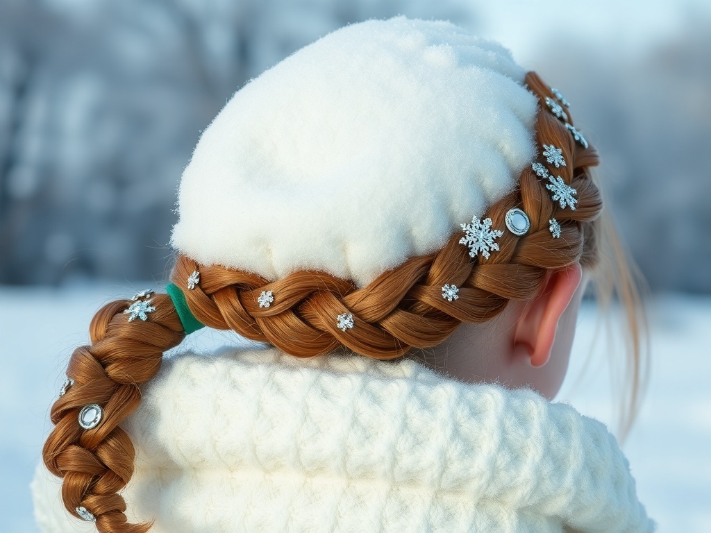 Auburn halo dutch braid with snowflake hair clips worn with a white fur hat in the snow