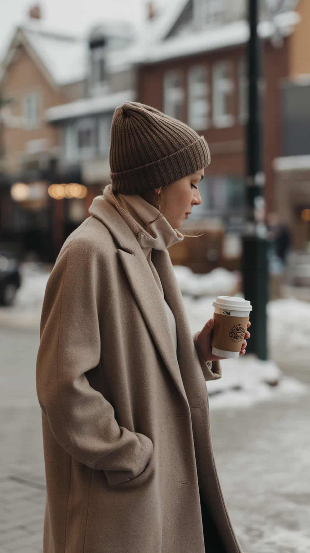Woman in a taupe beanie and camel coat holding a coffee cup