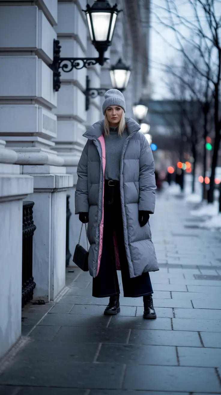Woman in a long gray puffer coat with a gray beanie, black wide-leg trousers and lug boots on a winter city street