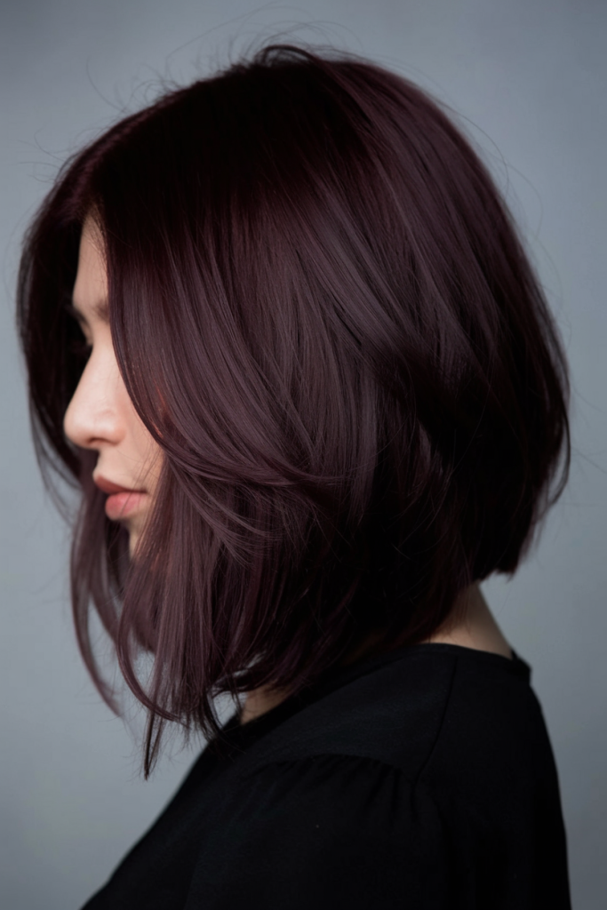Layered lob in dark violet-black worn sleek