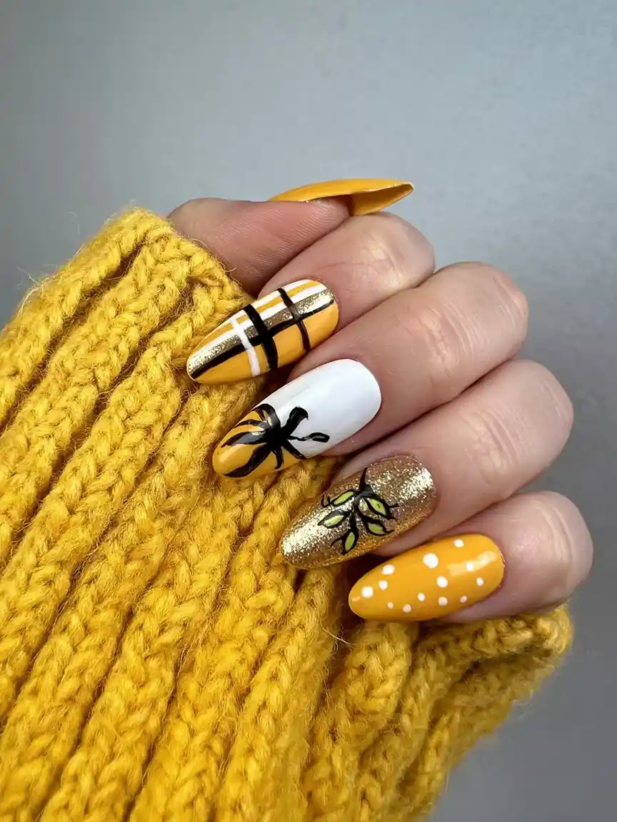 Honey mustard nails with knit sweater detailing