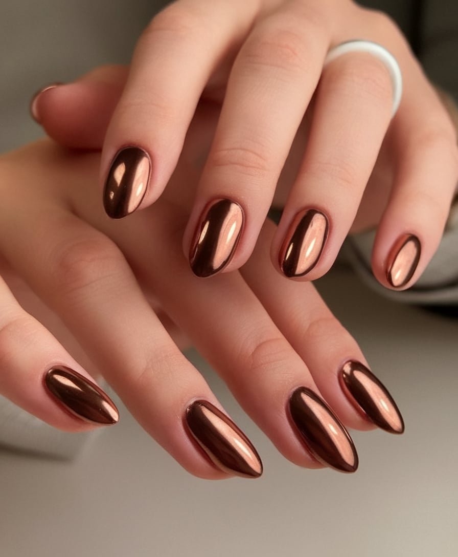 Nails coated in warm metallic bronze chrome polish