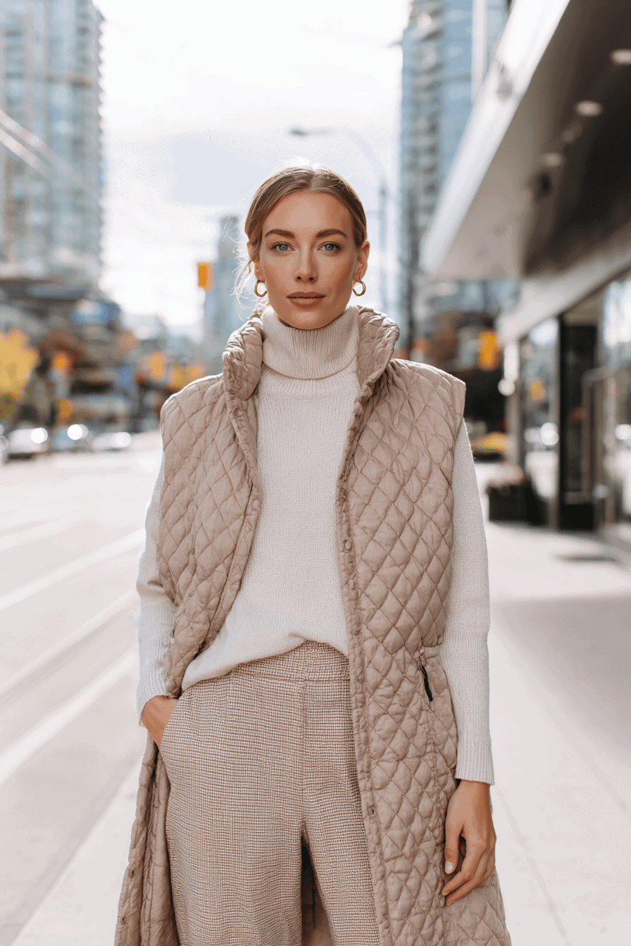 Woman wearing a beige quilted vest over a turtleneck with jeans