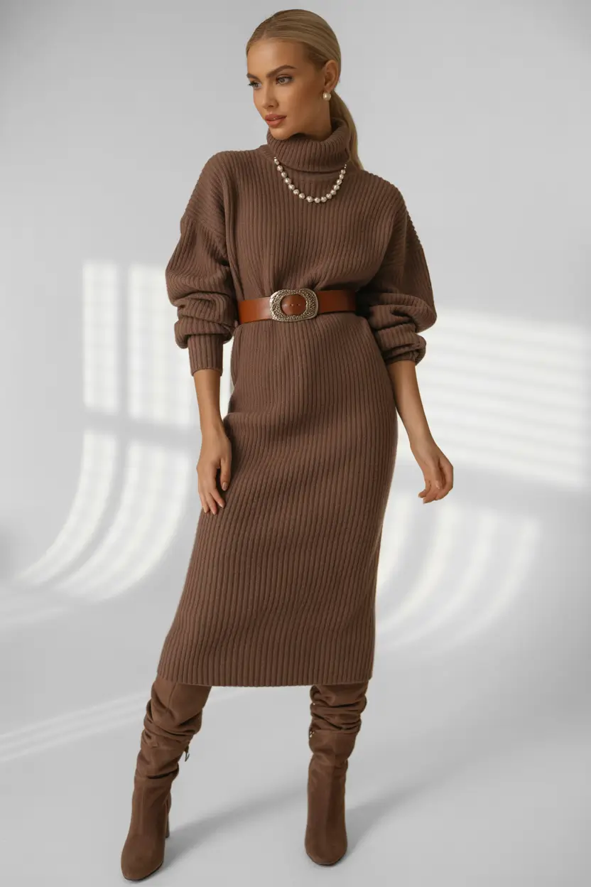 Woman wearing a taupe ribbed turtleneck sweater dress with a tan belt and cognac knee-high boots