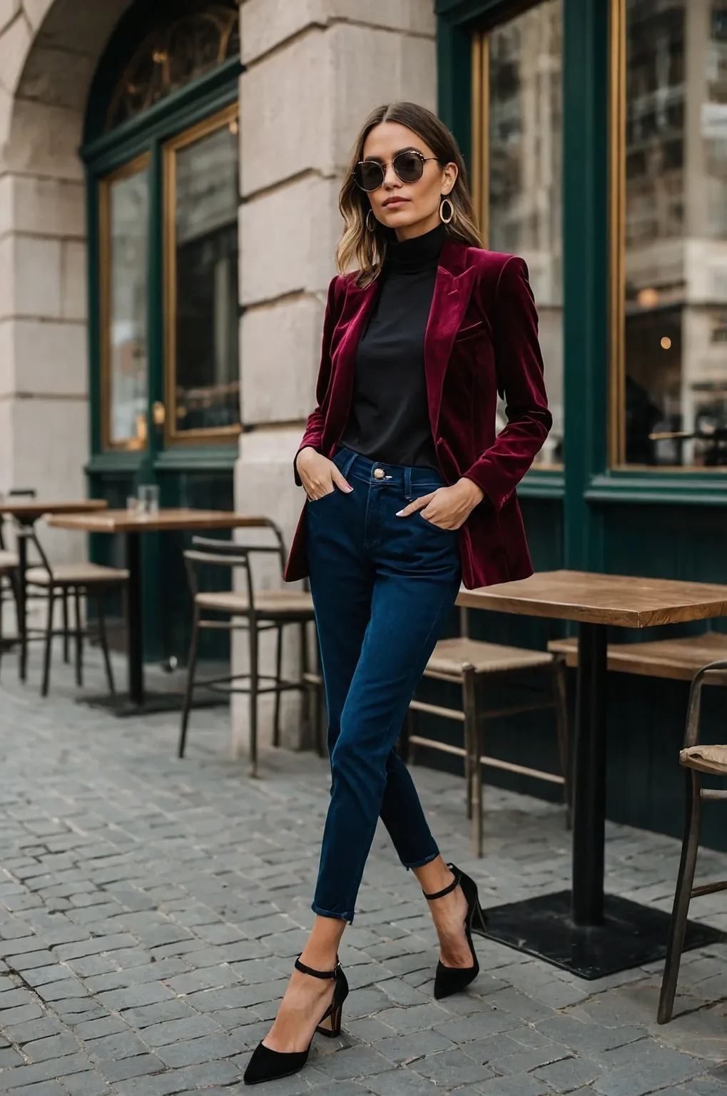 Woman wearing a burgundy velvet blazer, black top and dark jeans with black heels