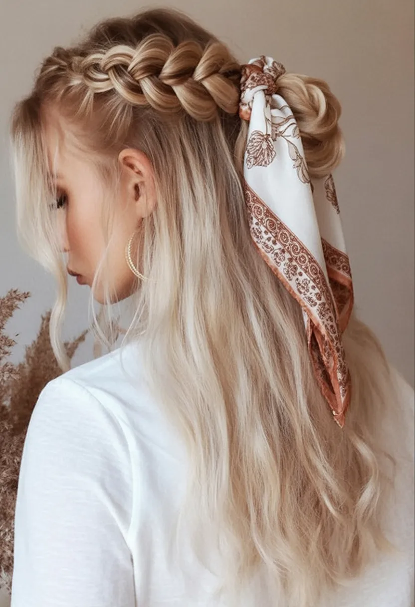 Half-up braided crown with a small bun tied with a printed scarf
