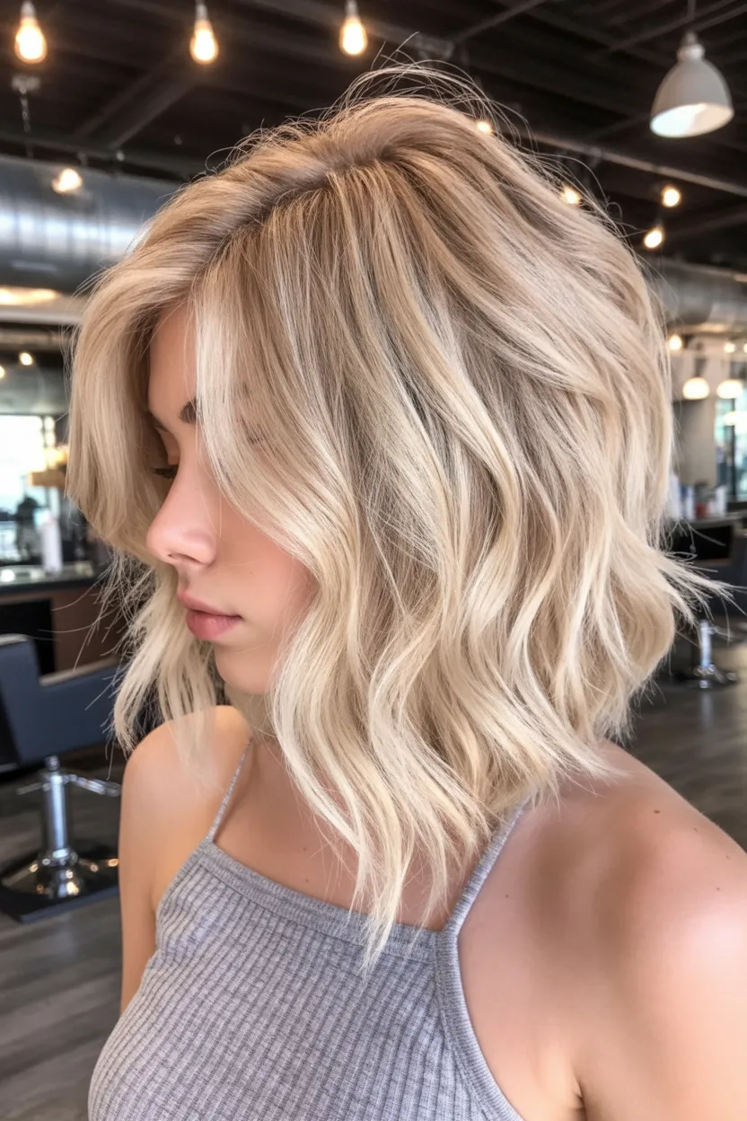 Wavy light blonde lob with tousled beach texture