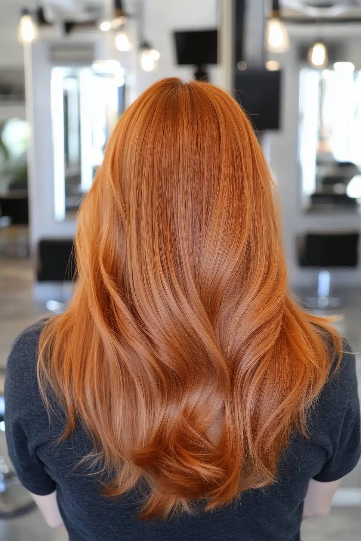 Long layered hair with radiant copper balayage in soft waves