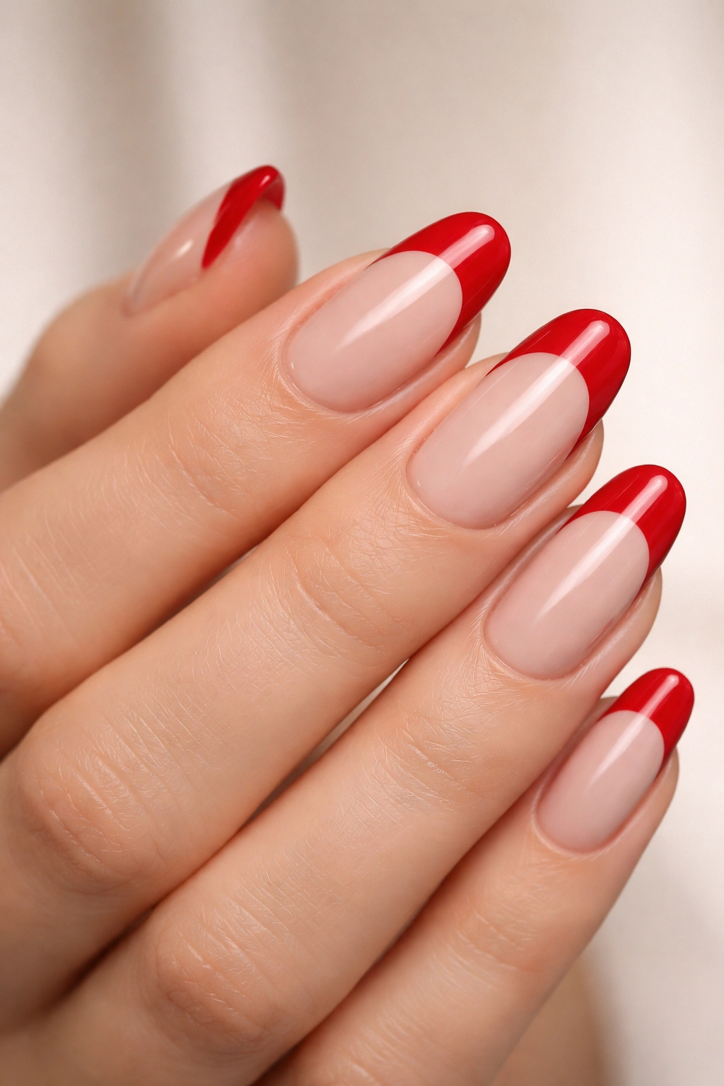 Red French tip manicure on nude base
