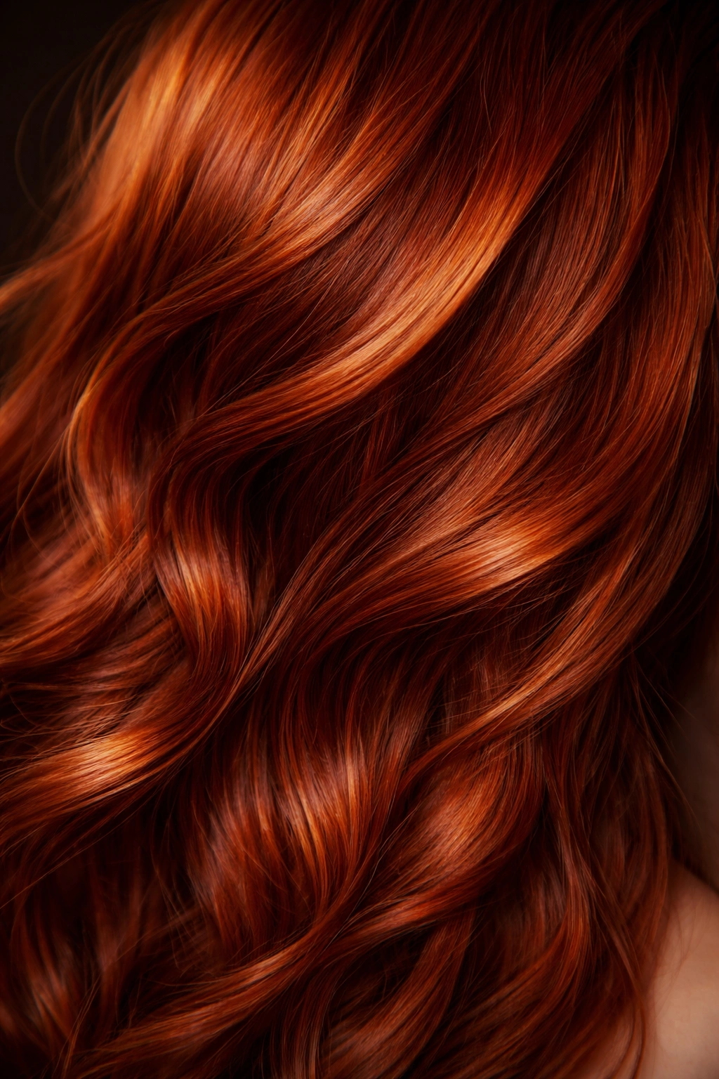 Glossy auburn hair strands showing red undertones