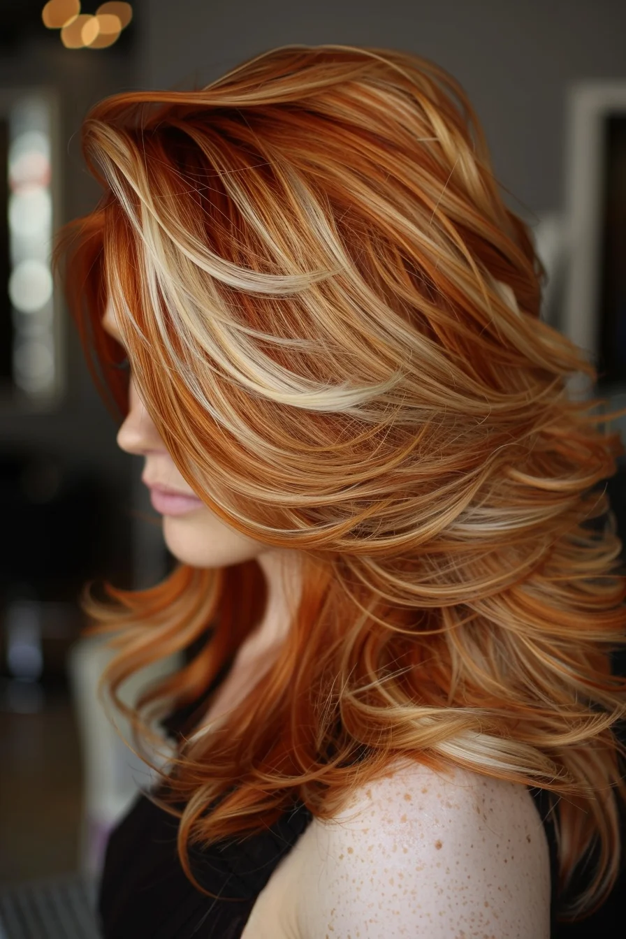 Copper red hair with bold blonde highlights, side view
