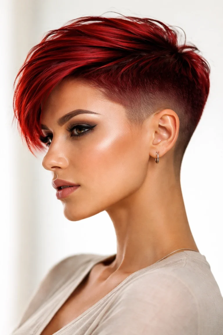 Cherry red pixie haircut with faded sides, side profile