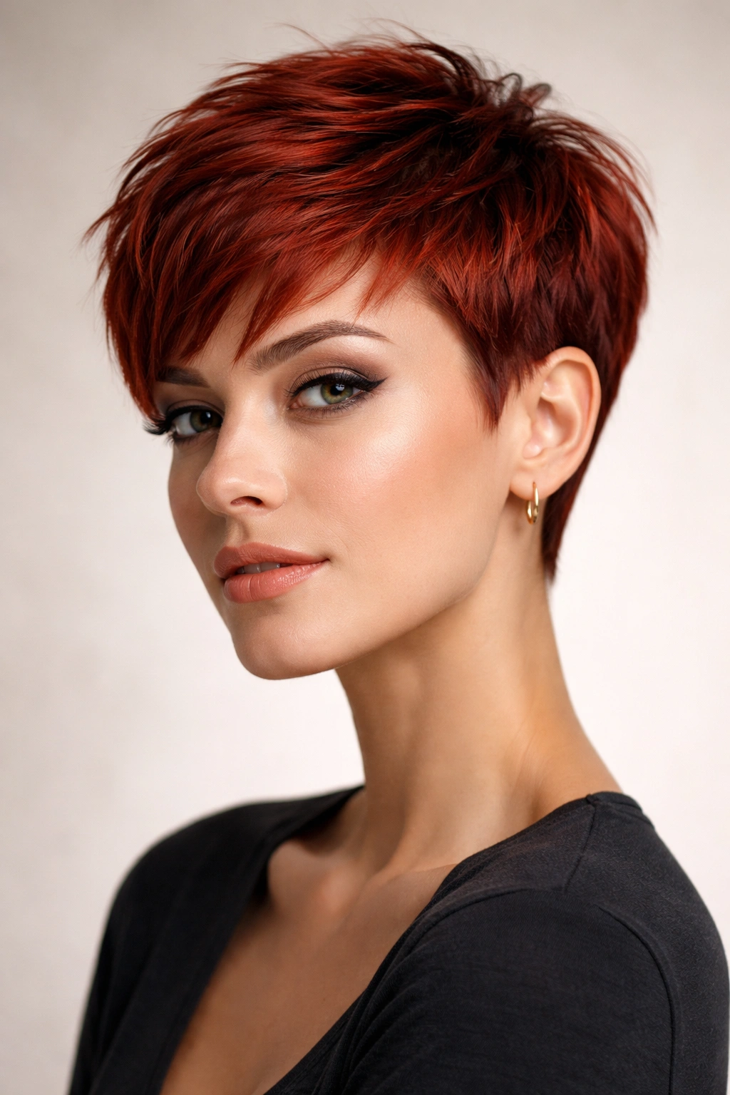 Copper red pixie cut with a textured crown and longer fringe