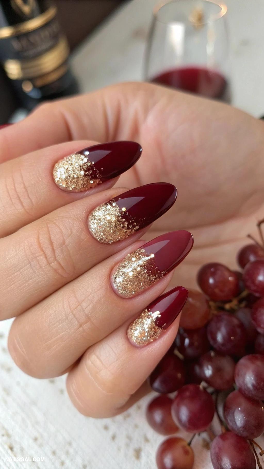 Deep wine-red almond gel nails with a gold glitter fade at the cuticles