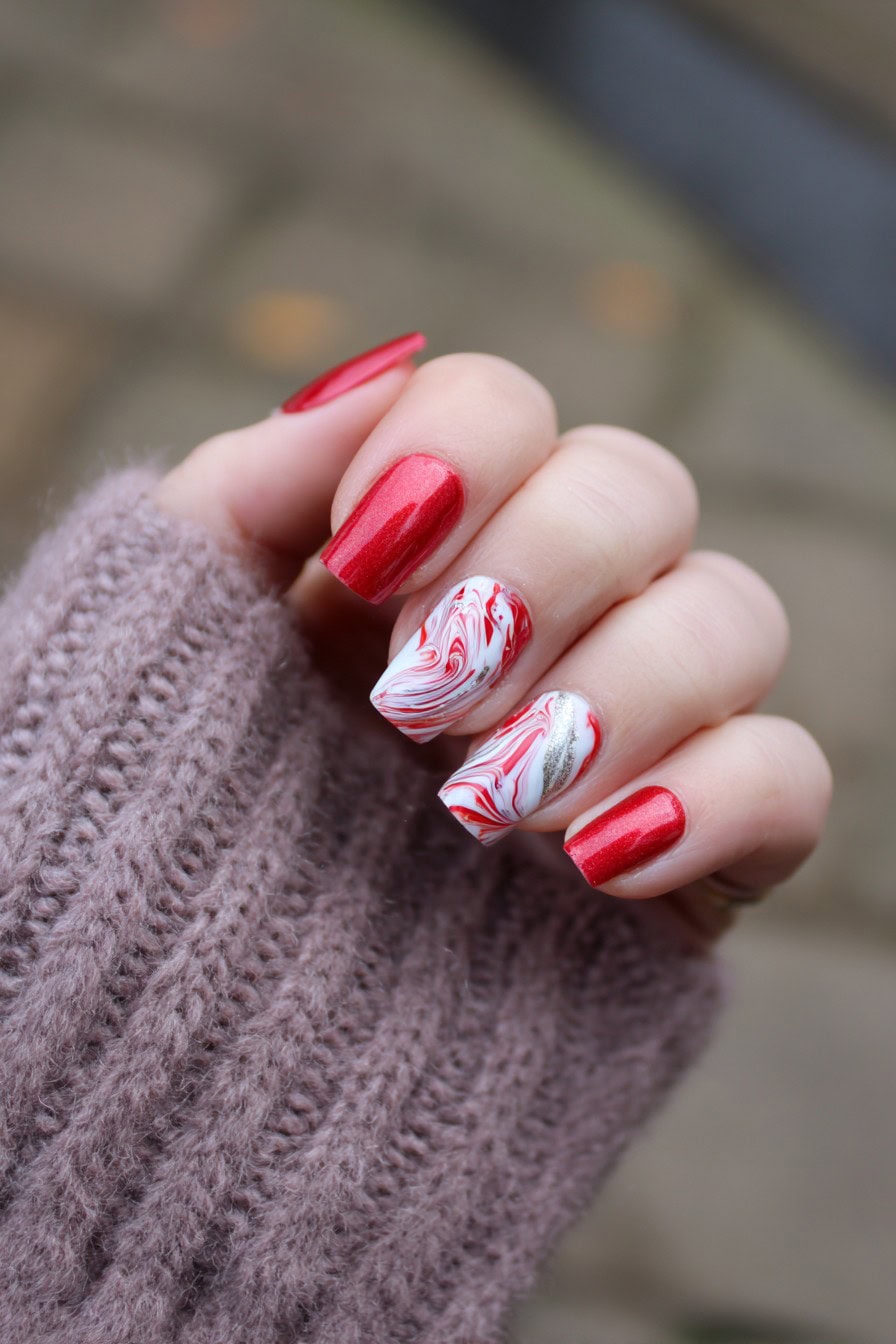 Red nails with peppermint swirl marble accents