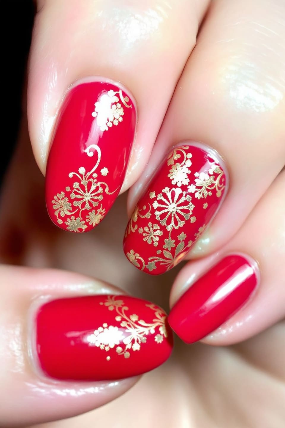 Short oval glossy red nails with intricate gold stamped floral patterns