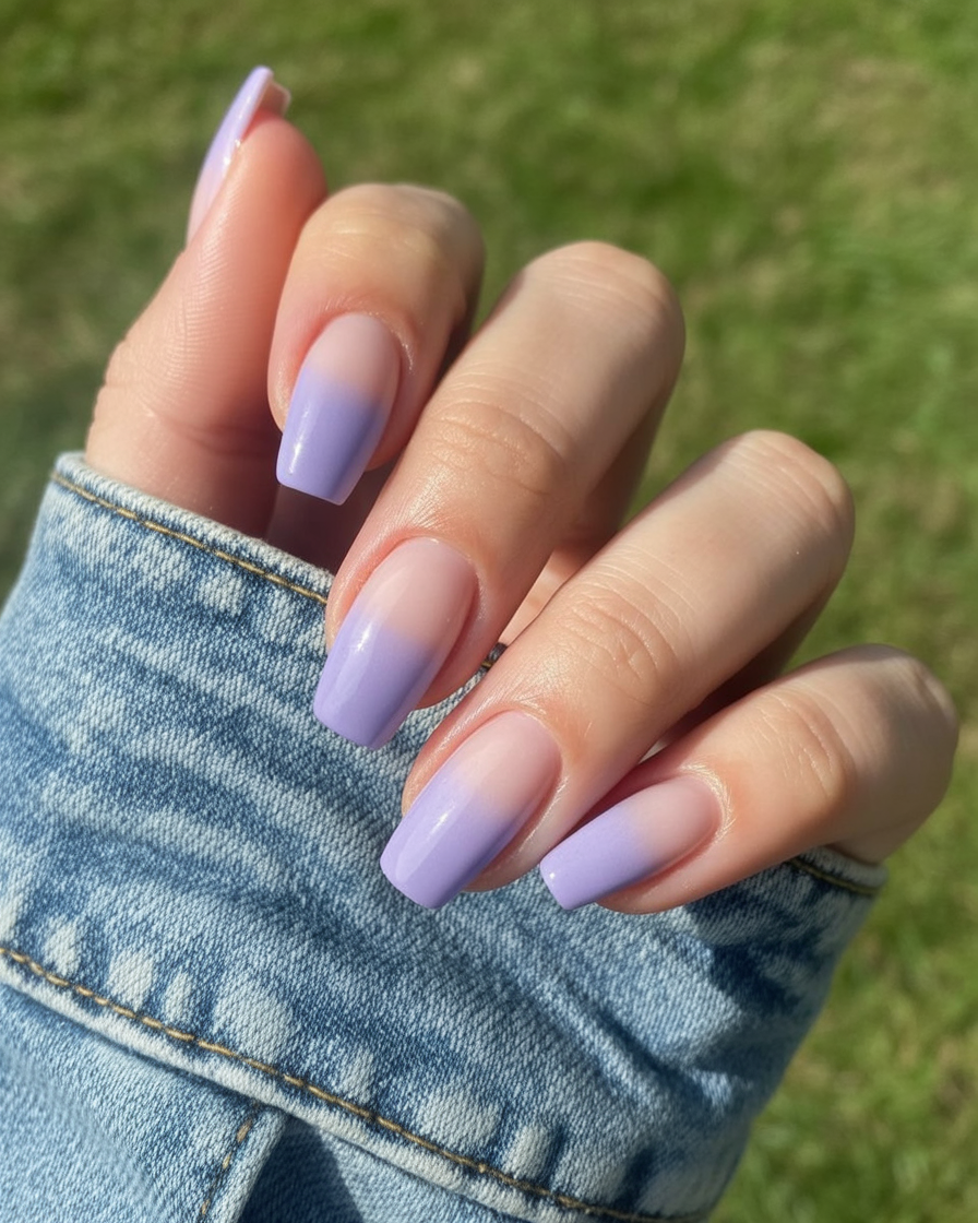Oval nails with pale lavender ombre tips fading into a sheer nude base