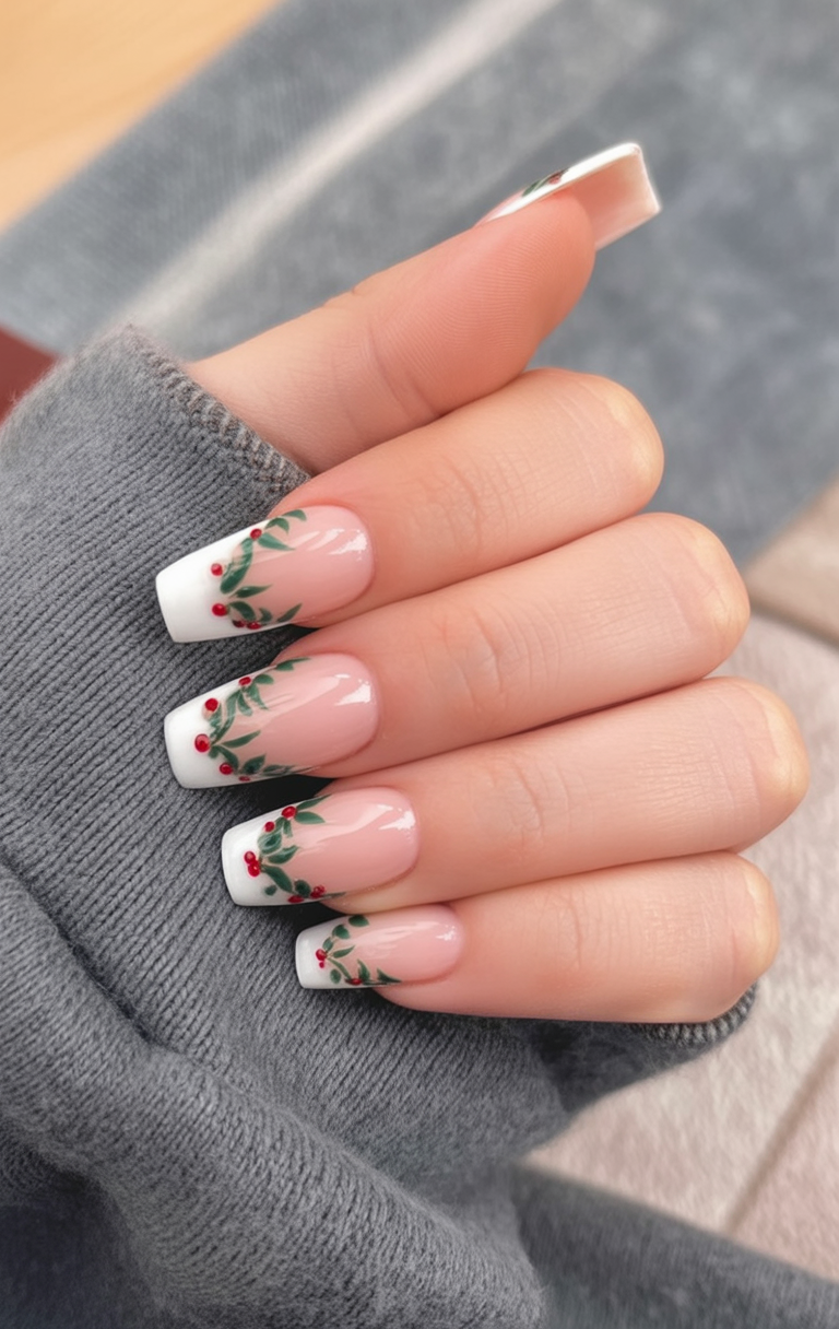 White French tip nails with holly leaves and red berries painted along the smile line