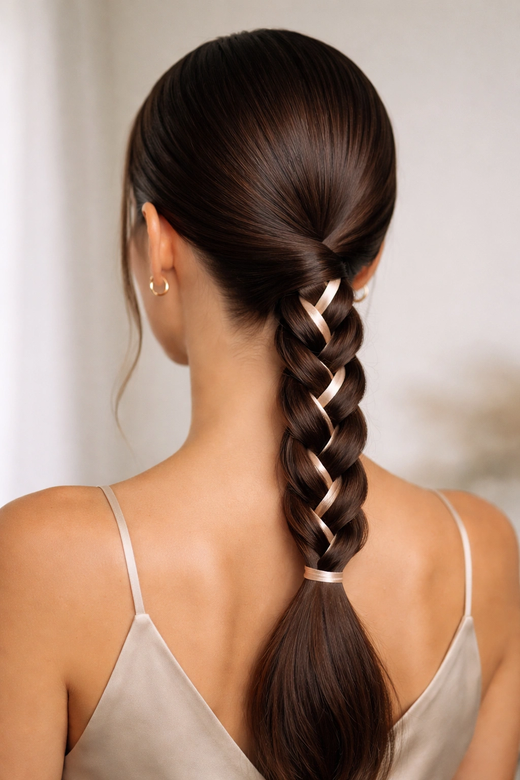 Honey blonde low ponytail in a loose braid tied with a ribbon
