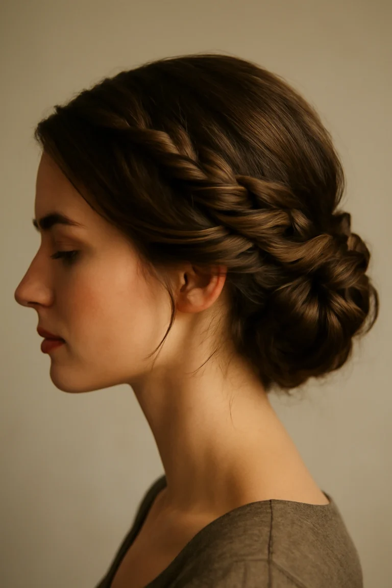 Twisted rope braids gathered into a soft side updo