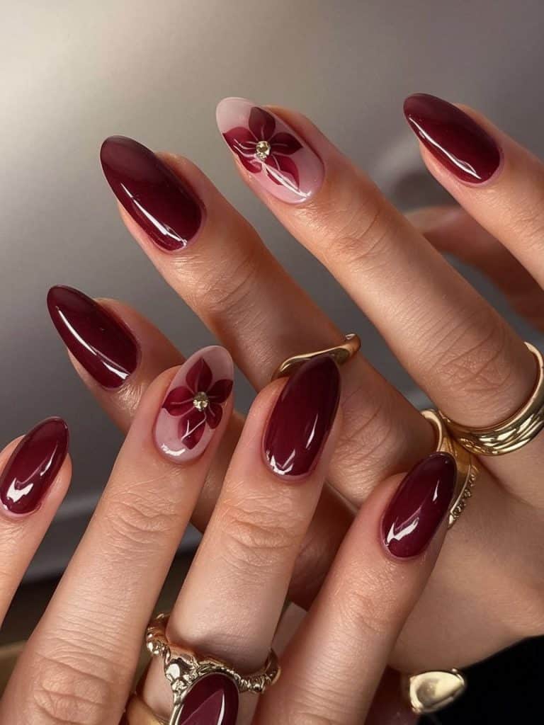 Dark red glossy almond nails
